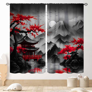 Cherry Blossoms Curtains, Japanese Traditional Ink Painting Red Floral Plum Blossom Asian Oriental Nature Mountains