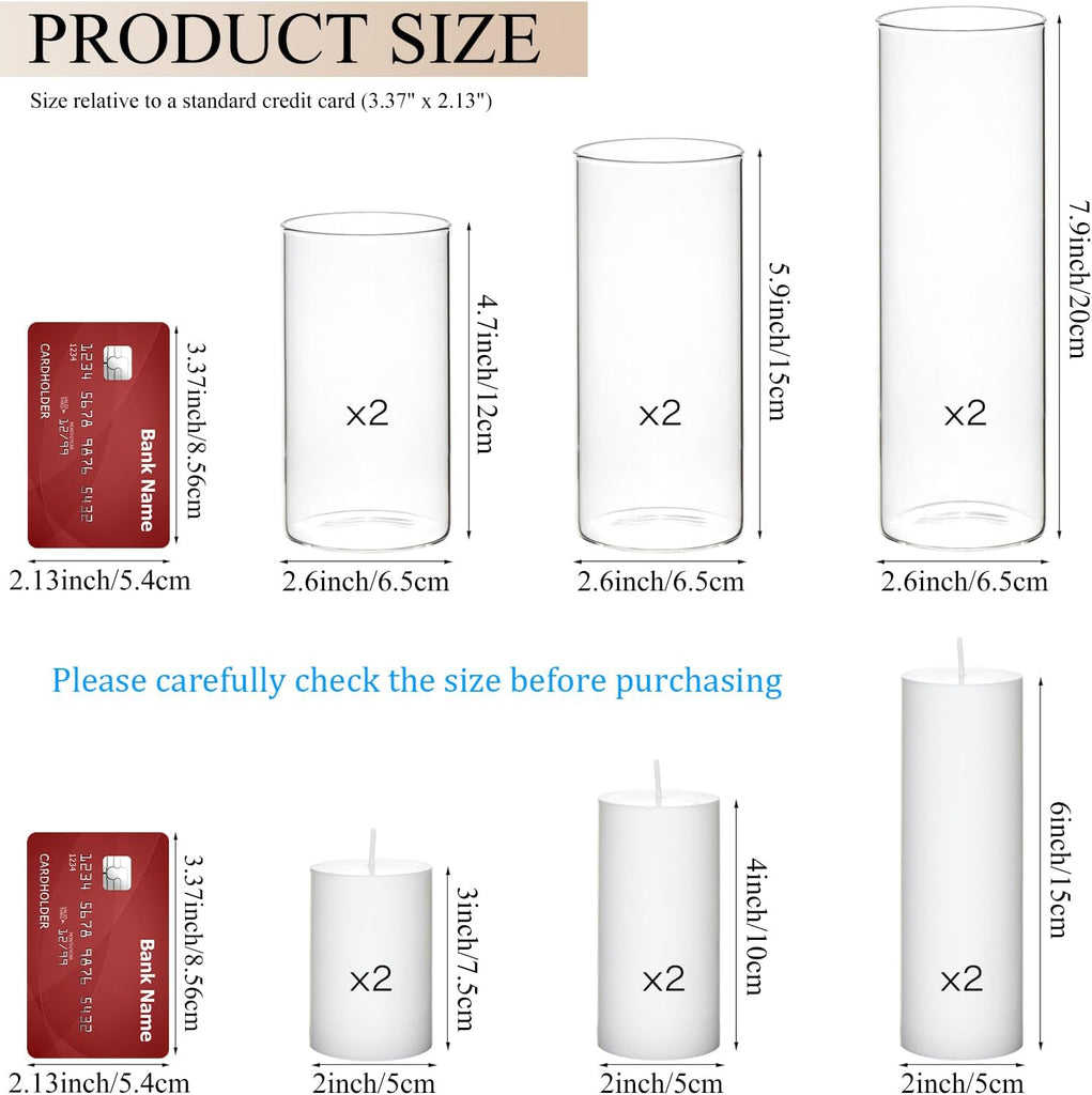 Set of 6 White Pillar Candles with Clear Glass Hurricane Holders- Elegant Cylinder Candle Vases for Weddings
