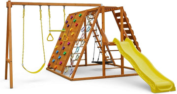 Sycamore Wooden Swing Set with Climbing Ladder, 2 Belt Swings & Trapeze Bar - Outdoor Backyard Jungle Gym Playground