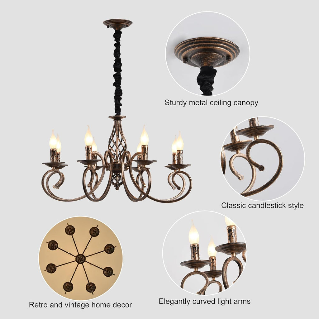 Rustic Chandeliers,8 Lights Candle French Country Chandelier,Vintage Iron Pendant Light Fixture Hanging Light for Farmhouse,Kitchen Island,Dining Room,Bedroom