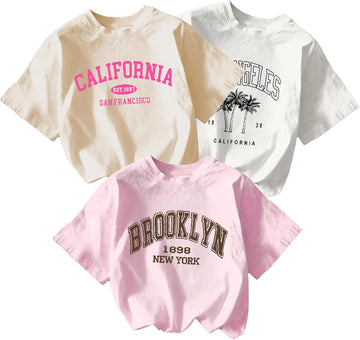 Girl's 3 Packs Graphic Tees Set Cute Short Sleeve Crew Neck T Shirts Casual Summer Tops for Teens