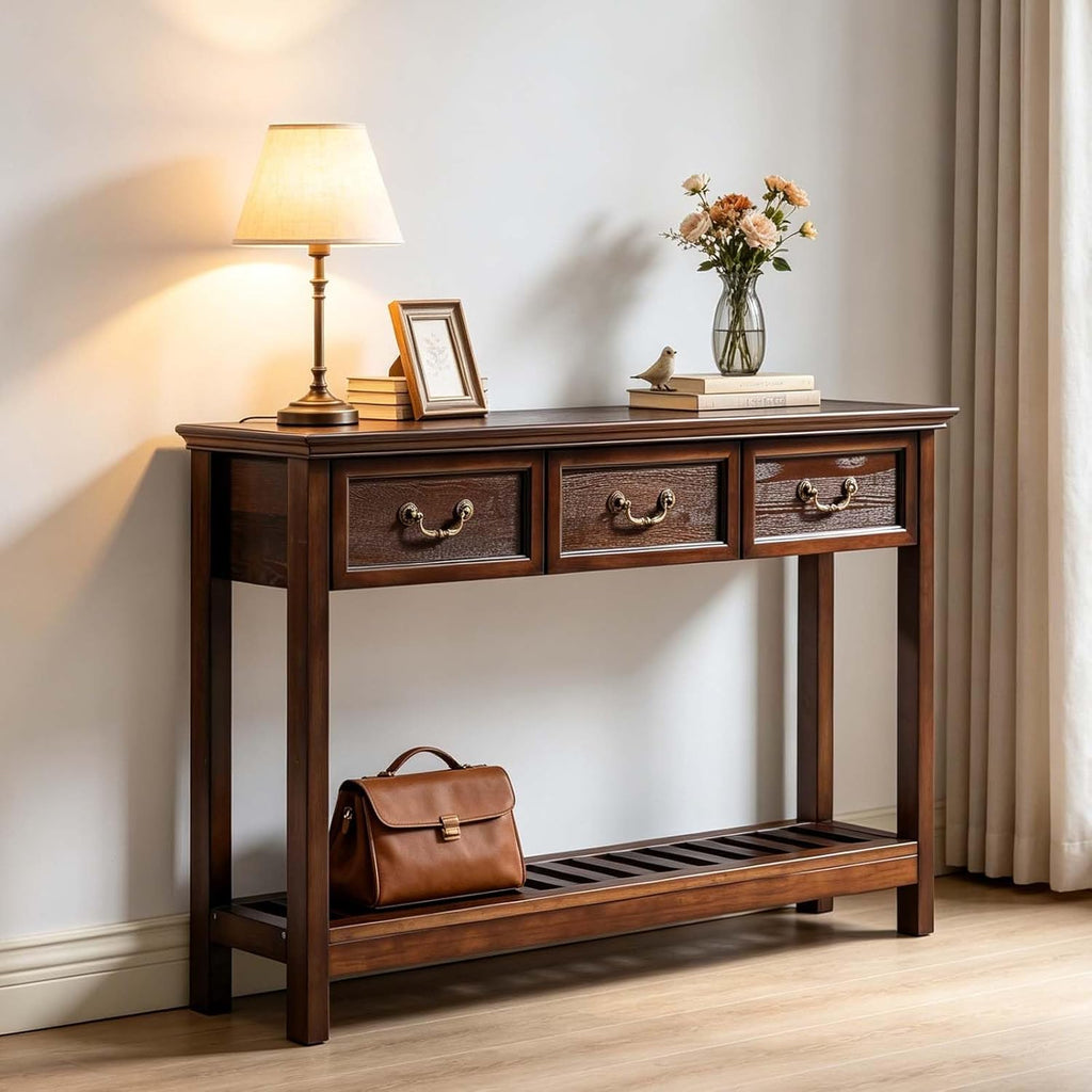 47'' Solid Wood Console Table with Storage, Narrow Long Rustic Sofa Table with 3 Drawers and Open Shelf, Farmhouse