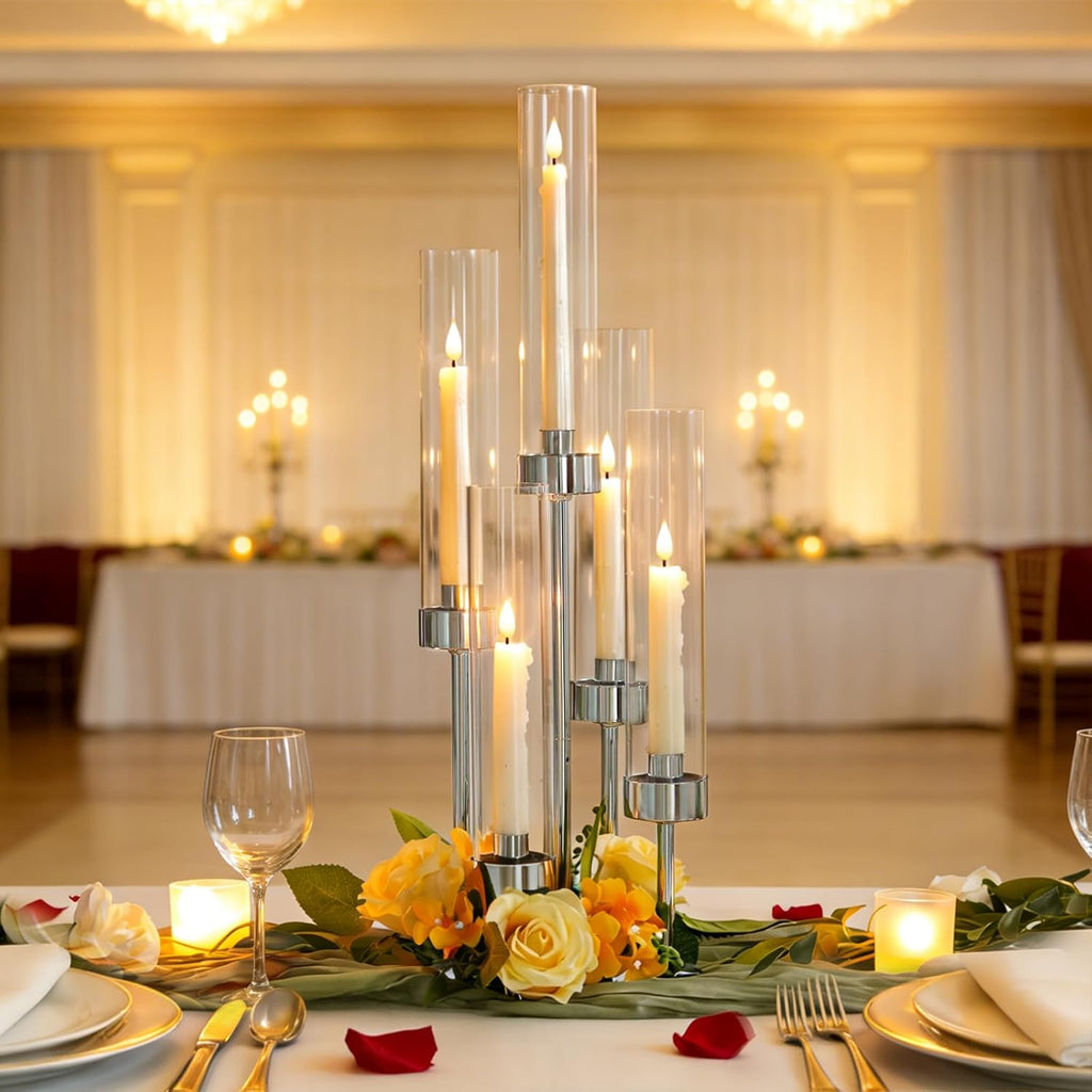 2 Pcs 5-Arm Silver Metal Table Candelabra Centerpiece, 22" Tall Clear Candlesticks Holder with Shade for Valentines