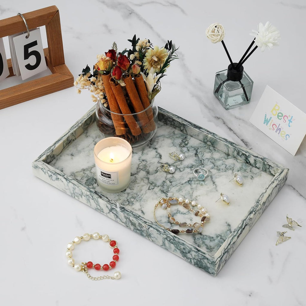 Marble Bathroom Tray,Pure Natural Vanity Tray,Marble Tray Counter Non-Ceramic/Non-Resin,Stone Trays 12 x 8 inch Cyan
