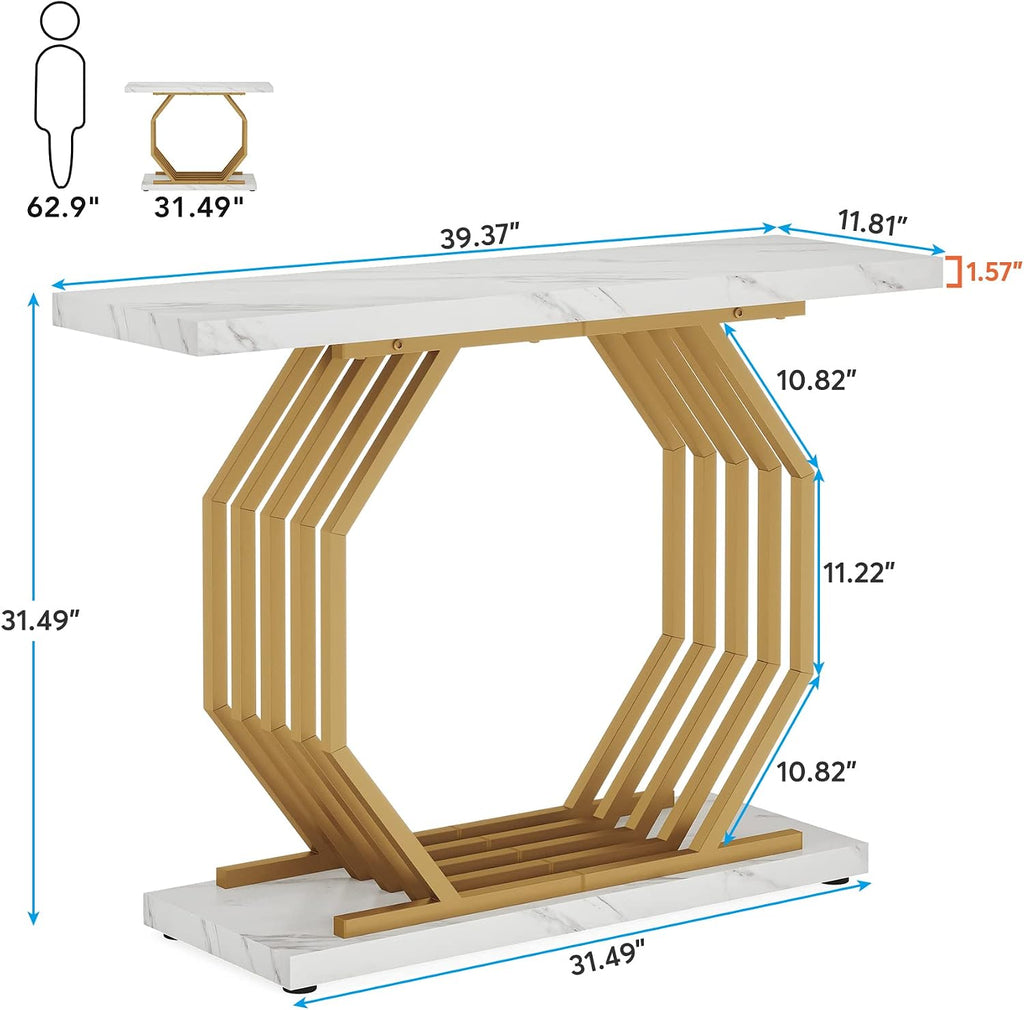 Gold Console Table, Faux Marble Entryway Table Narrow Sofa with Geometric Metal Base, 40 Inch Modern Accent Entrance