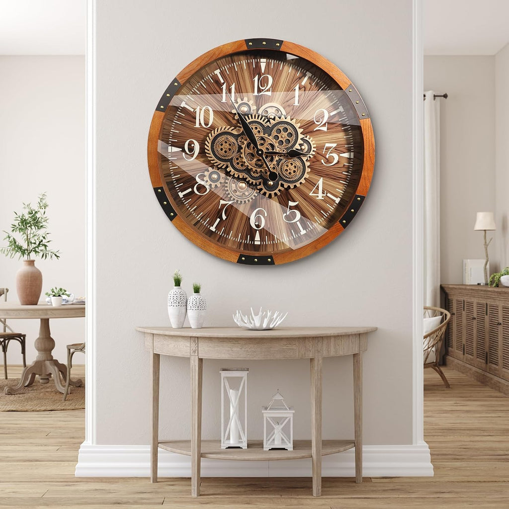 Wall Clocks for Living Room Decor, Large Real Moving Gears Clock, Vintage Industrial Oversized Rustic Farmhouse Kitchen Office Fireplace...