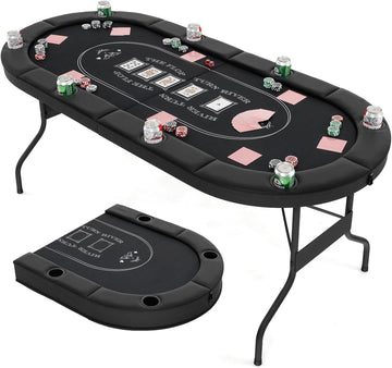 72" Poker Table Foldable, 8 Players Card Board Game Table w/Deep Metal Cup Holders, Casino Grade Felt, Portable