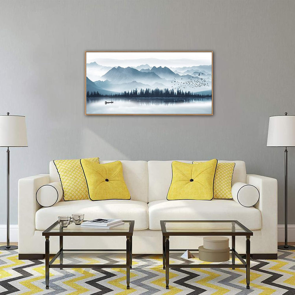 Indigo Framed Canvas Wall Art Misty Mountain Wall Pictures Foggy Lake Boat Painting Prints Forest Birds Artwork Wall
