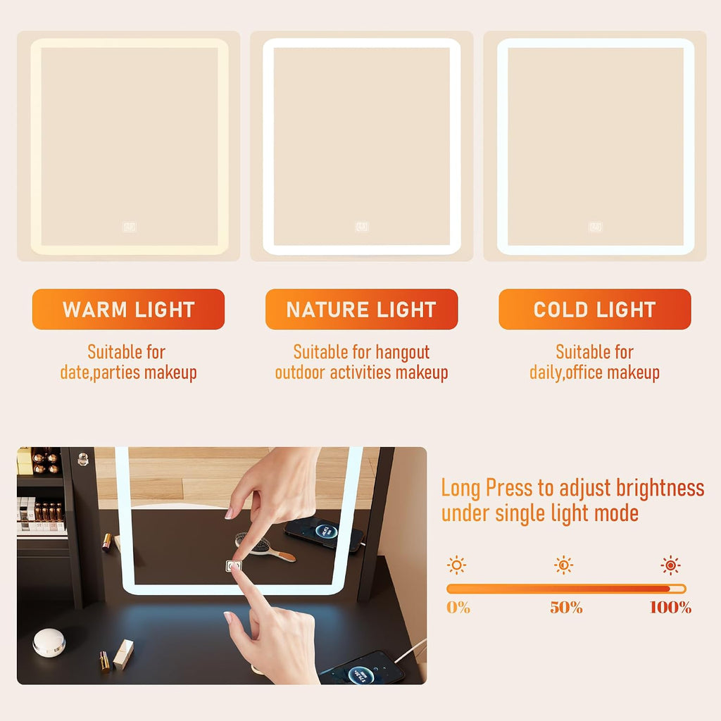 Vanity Desk with Mirror and LED Lights, Makeup Vanity Set with Power Outlet, and Stool,Jewelry Storage,Black Vanity
