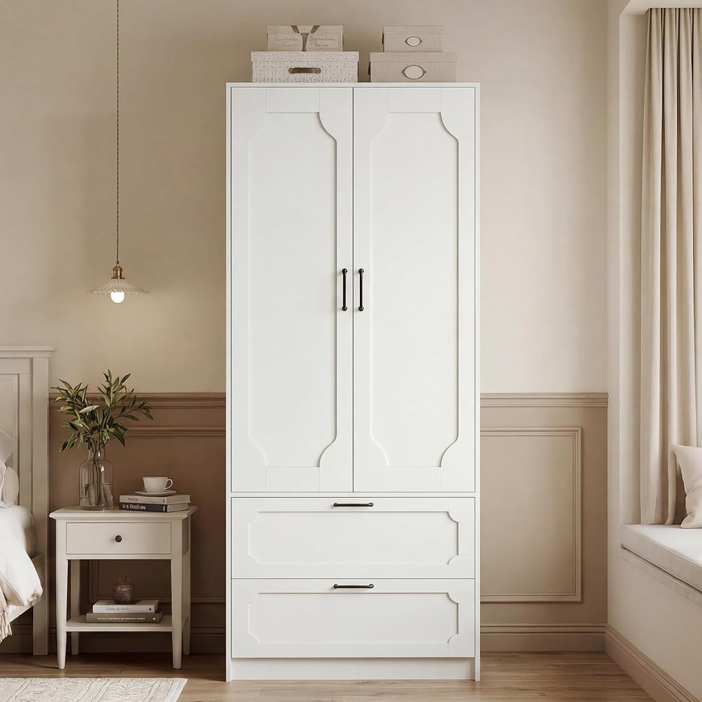 71''H Armoire Wardrobe Closet with 2 Doors and 2 Drawers | Modern Clothing Storage Cabinet with Hanging Rod, Wooden