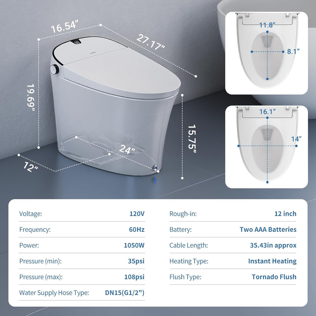 Smart Toilet with Built-In Bidet, Modern One-Piece Design with Tank, Heated Seat, Instant Warm Water, Pump-Assisted Auto Flush, Foot Sensor Operation, Air Dryer, Night Light, Digital Display