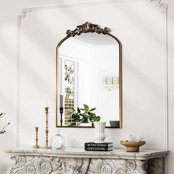 Traditional Vintage Gold Mirror, Antique Arched Mirror, Bronze Decor Wall Mirrors, Large Baroque Mirror with Aluminum