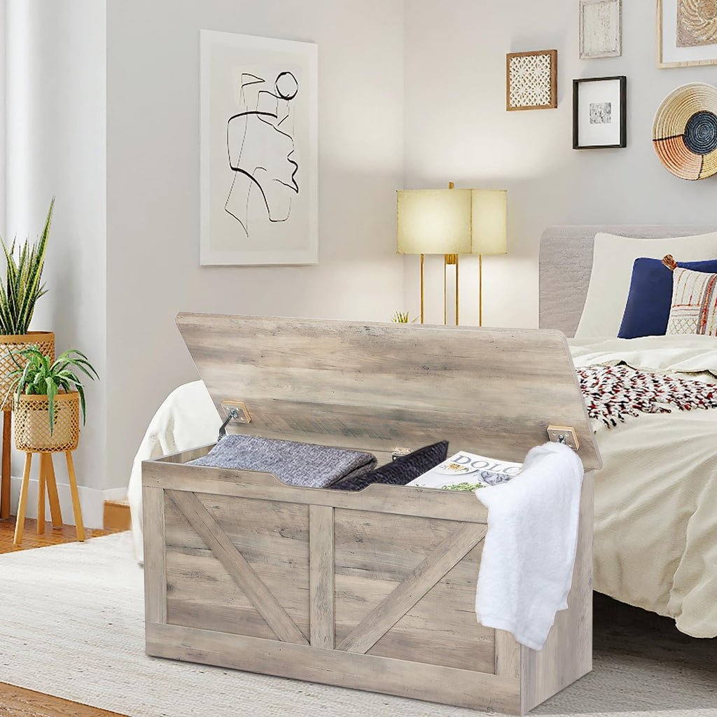 39.4" Storage Chest, Wooden Storage Bench, Large Storage Trunk | Entryway Shoes Bench with 2 Safety Hinges, Grey