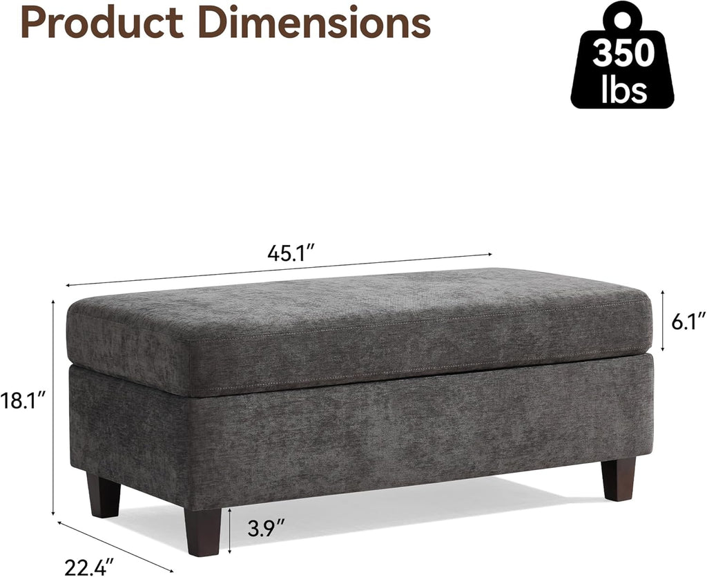 45 Inch Large Storage Ottoman Bench with Wooden Tray Coffee Table, Dark Grey Chenille Upholstered Foot Rest