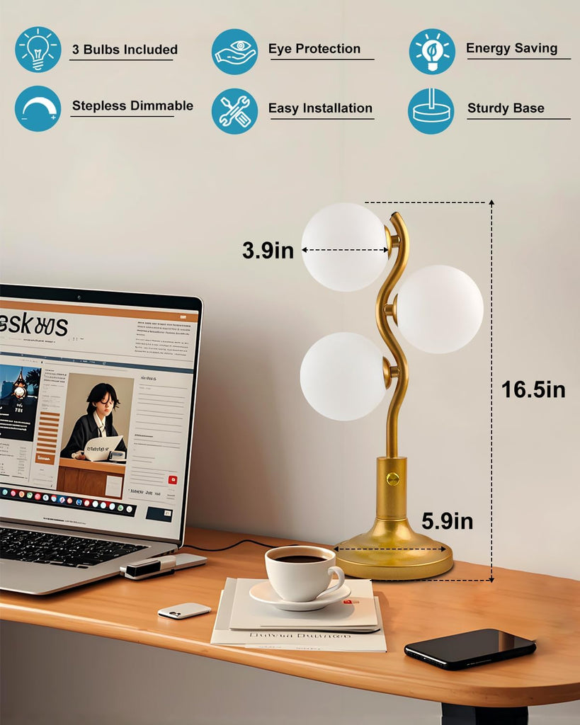 Mid Century Globe Table Lamp Dimmable Modern 3 Lights Gold Desk Lamp 3000K Warmwhite Bedside Table Lamp Living Room