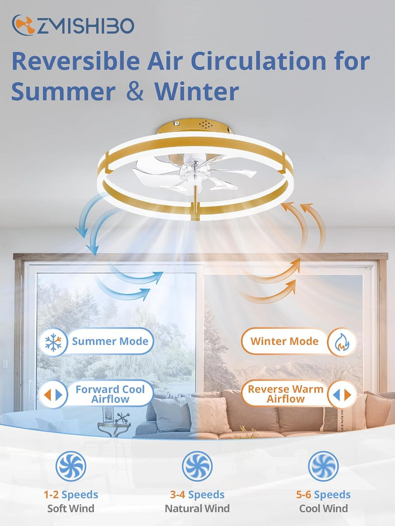 Ceiling Fans with Lights and Remote, 19.7'' Low Profile Ceiling Fan, 3000-6000K Dimmable Modern Flush Mount LED Fan Light, 6 Wind Speeds, Gold Fandelier Ceiling Fans for Bedroom