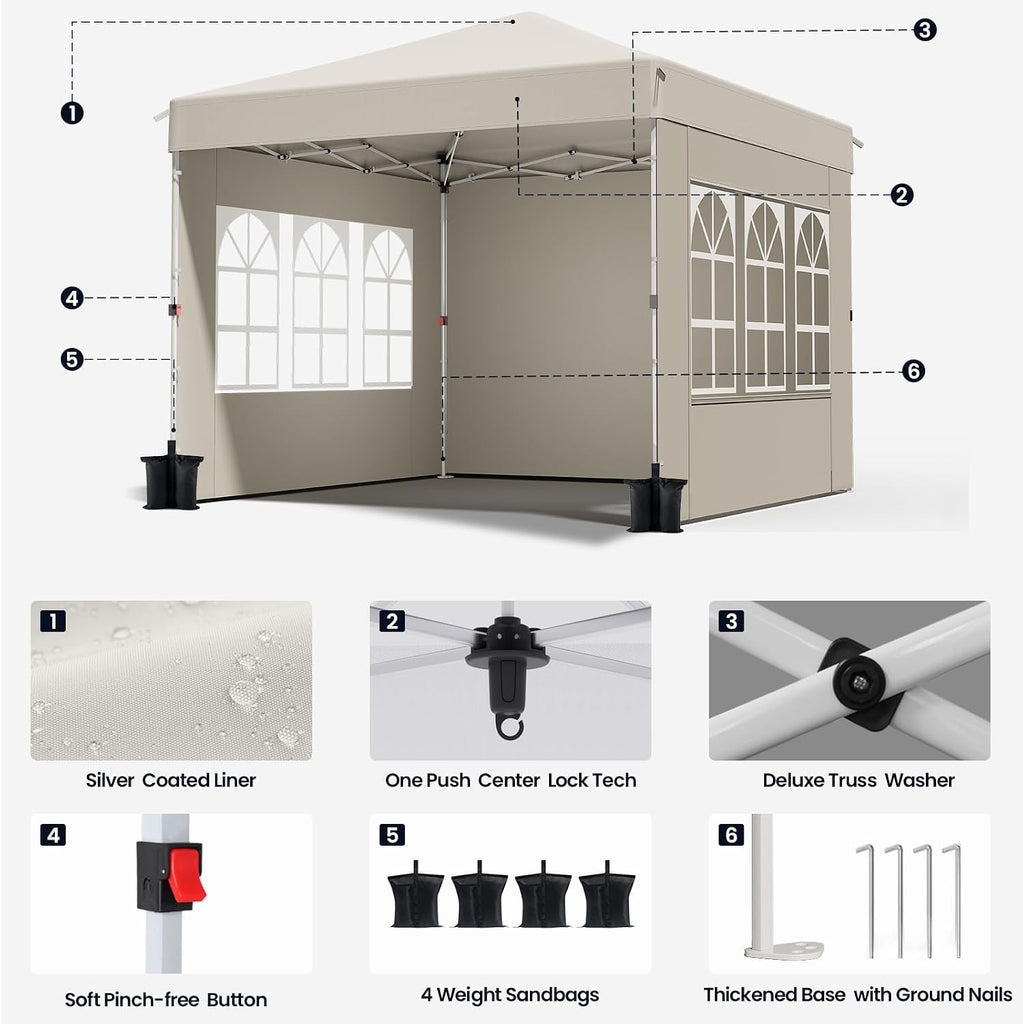 10x10 Pop Up Canopy Tent,Outdoor Canopy with One Push Setup,Easy Up Canopy with 3 Sidewalls & 4 Sandbags