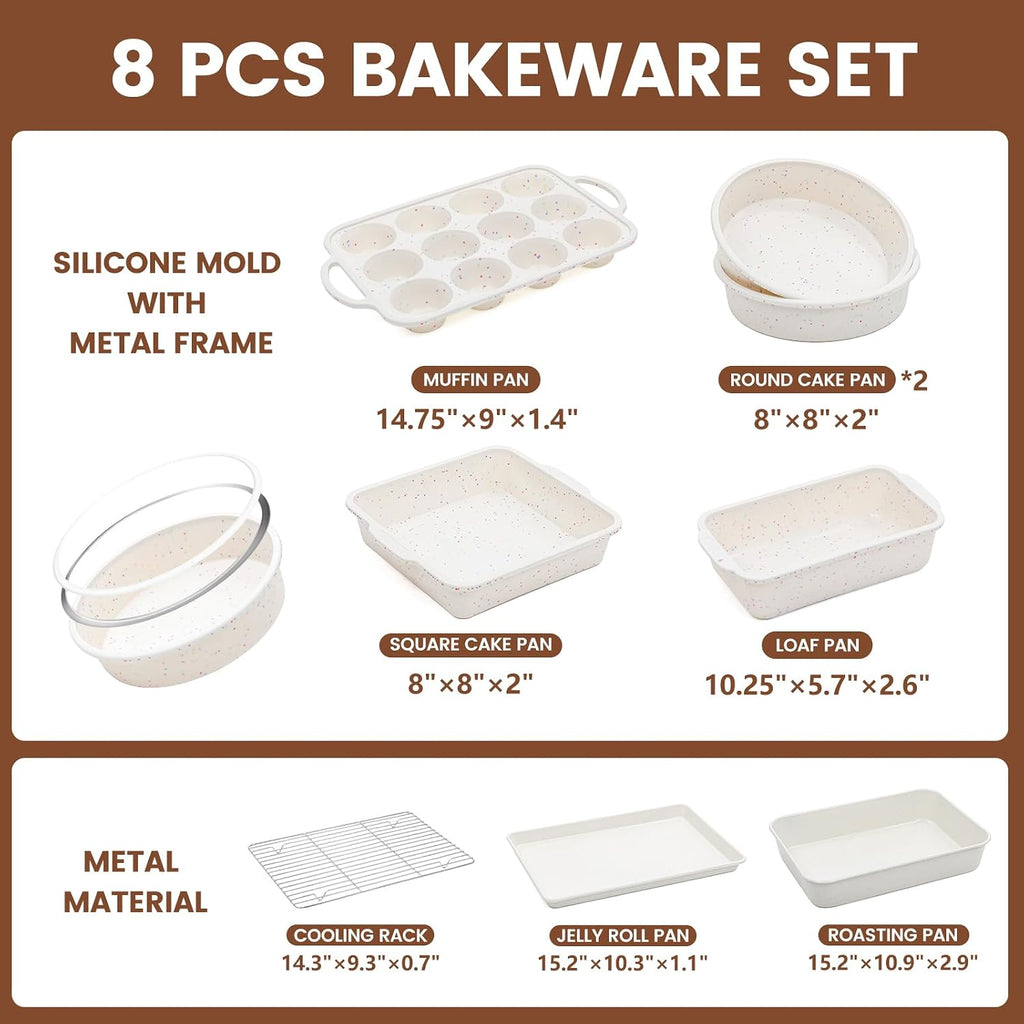 8-Piece Pans Set Nonstick, Bakeware Set includes Silicone Muffin, Loaf, Cake Pans with Metal Reinforced Frame, and