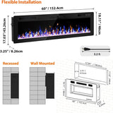 Electric Fireplace, 60" Recessed and Wall Mounted Electric Fireplace, Electric Fireplaces Inserts Heater