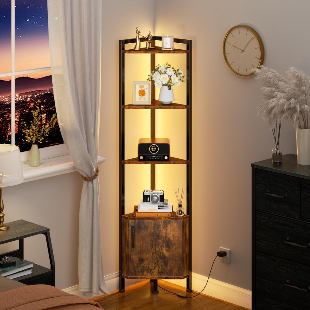 Corner Shelf Cabinet, Corner Bookshelf with Storage and LED Light