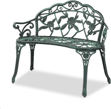 38.5" Patio Park Garden Outdoor Metal Rose Bench, 2-Person Cast Iron Cast Aluminium Frame Antique Finish