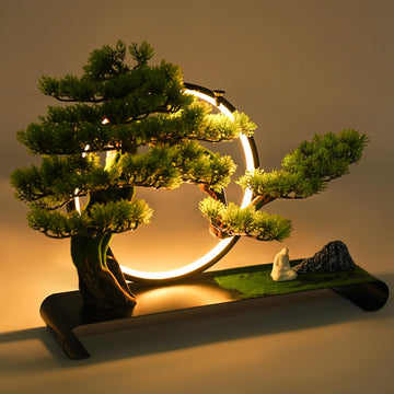 Zen Artificial Bonsai Tree with Adjustable LED Light Ring, Realistic Simulation Welcome Pine with Buddha Statue
