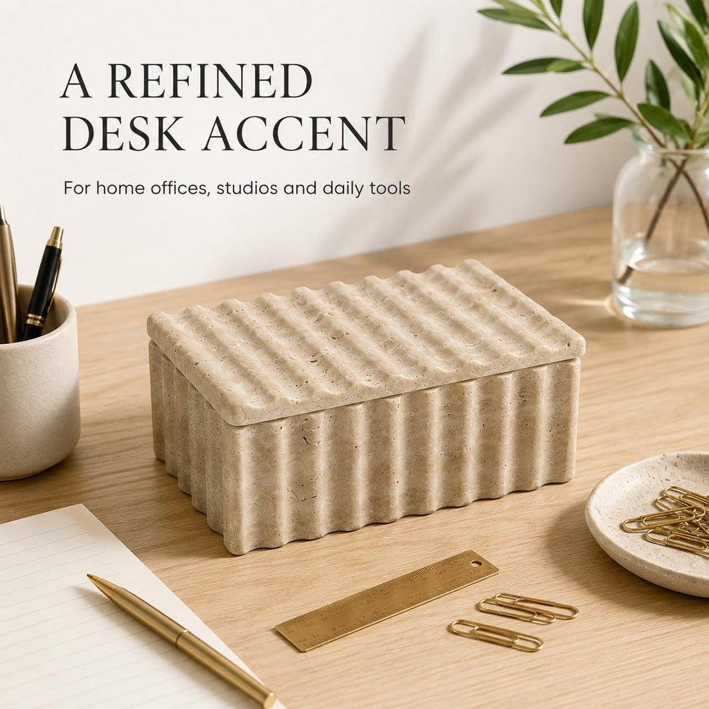 Travertine Storage Box with Lid, Wave Stone Organizer
