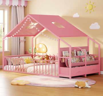 Montessori Twin Floor Bed, Safety Guardrail, Reading Nook, House Shape,Pink | Sling Bookshelves, Storage Drawers