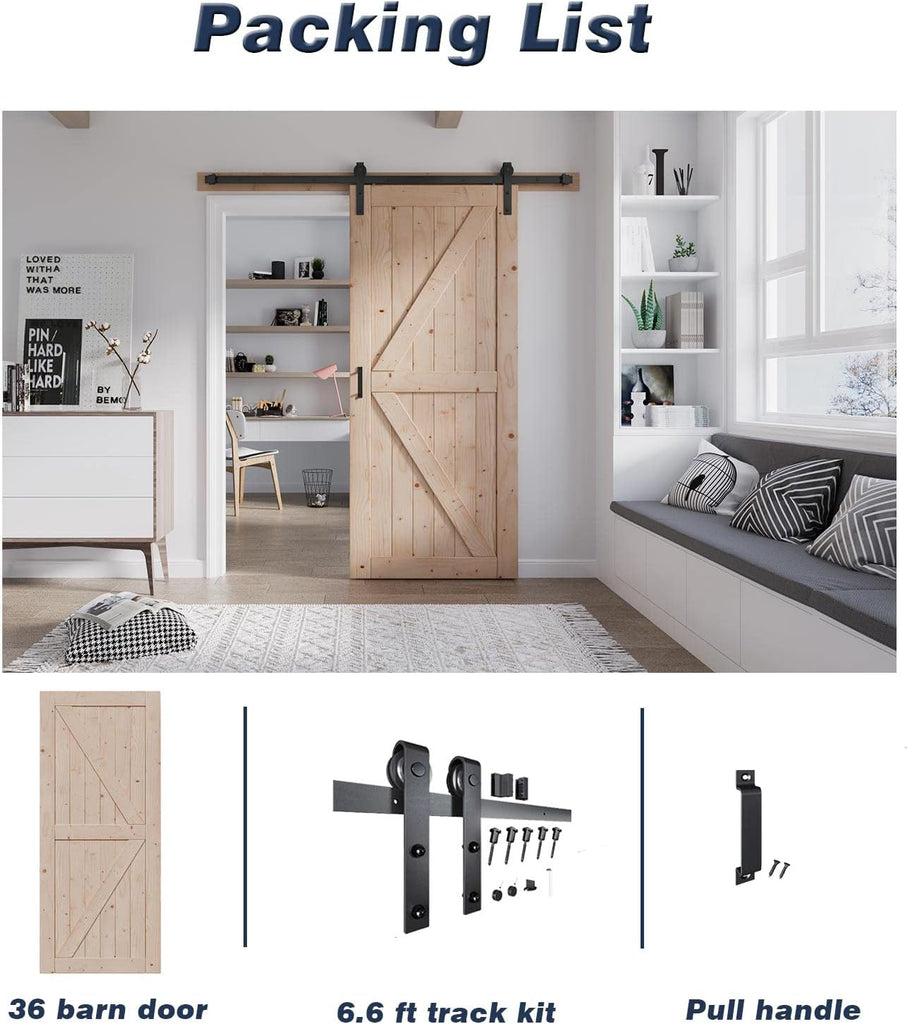 36in x 84in Wood Barn Door with 6.6FT Barn Door Hardware Kit Included K Shape Solid Spruce Panel Nee