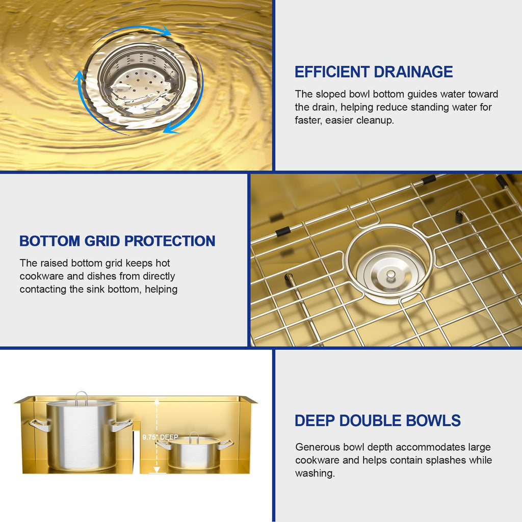 33"x19" Gold Undermount Double Bowl Workstation Kitchen Sink