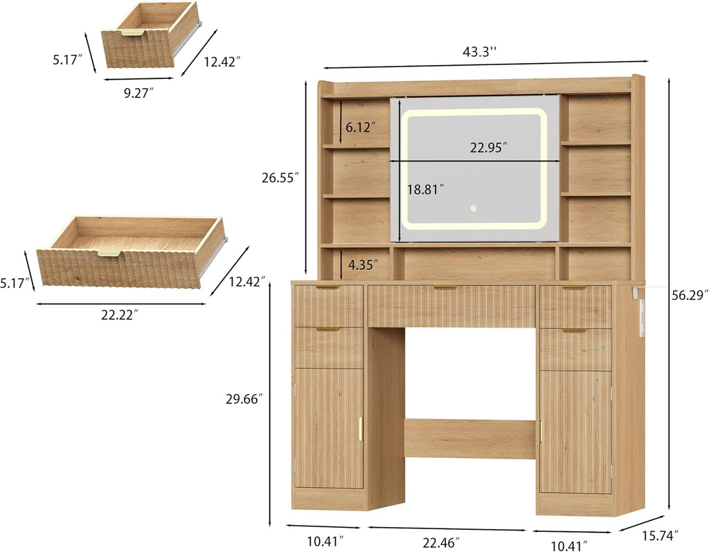 Makeup Vanity Desk with Mirror, Fluted Vanity with 5 Drawers and 2 Cabinets & Open Shelves and Power Outlet & Sliding