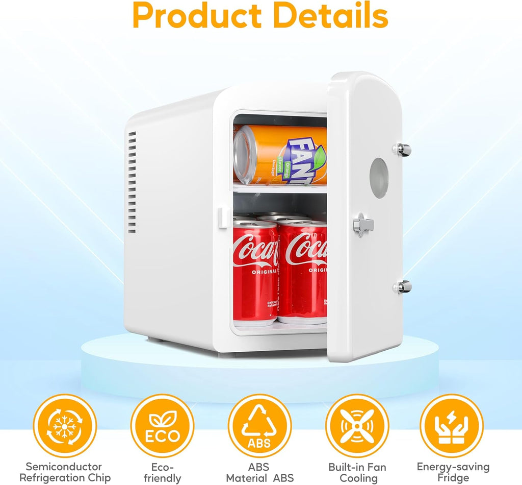 Mini Fridge, 6L/9 Can Skincare Beverage Small Refrigerator for Bedroom, Office, Dorm, Car, 100% Freon-Free Cooler and