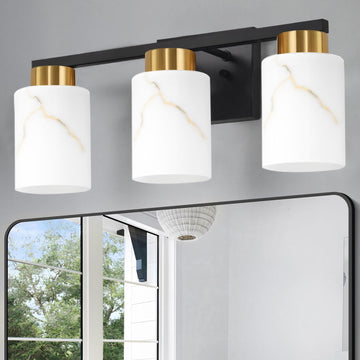 3-Light Bathroom Light Fixtures, Modern Vanity Lights, Black and Gold Metal Wall Lamp with White Marble Glass
