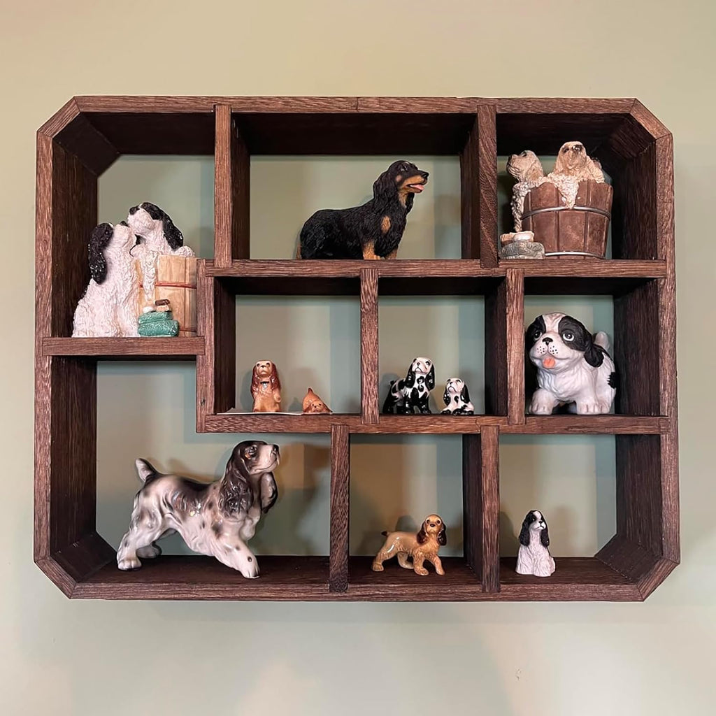 Rustic Shadow Box Display Shelf, 9 Compartments Wood Hanging Display Floating Shelves, Multi-Slot Wall Mounted or
