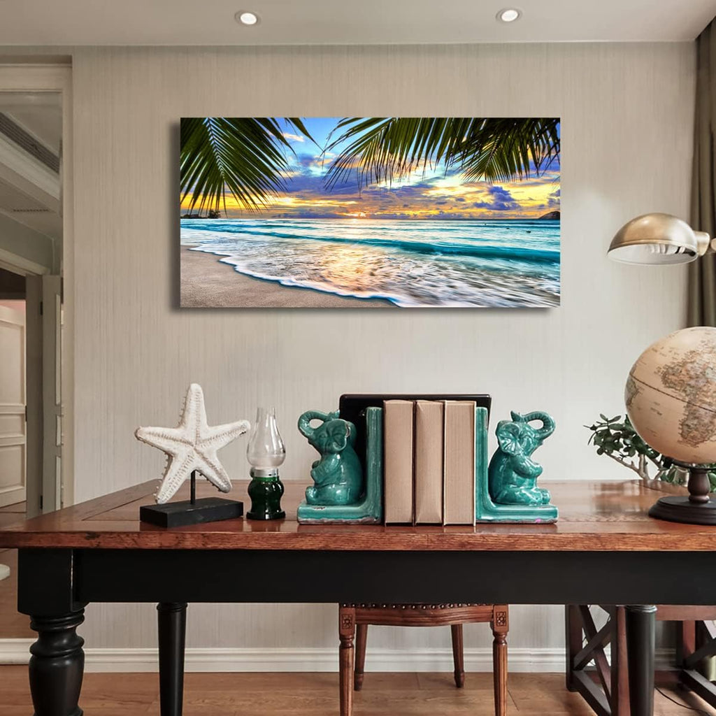 Beach Canvas Wall Art Seascape Theme Pictures Home Decor Blue Ocean White Wave Palm Tree Prints Paintings Bathroom