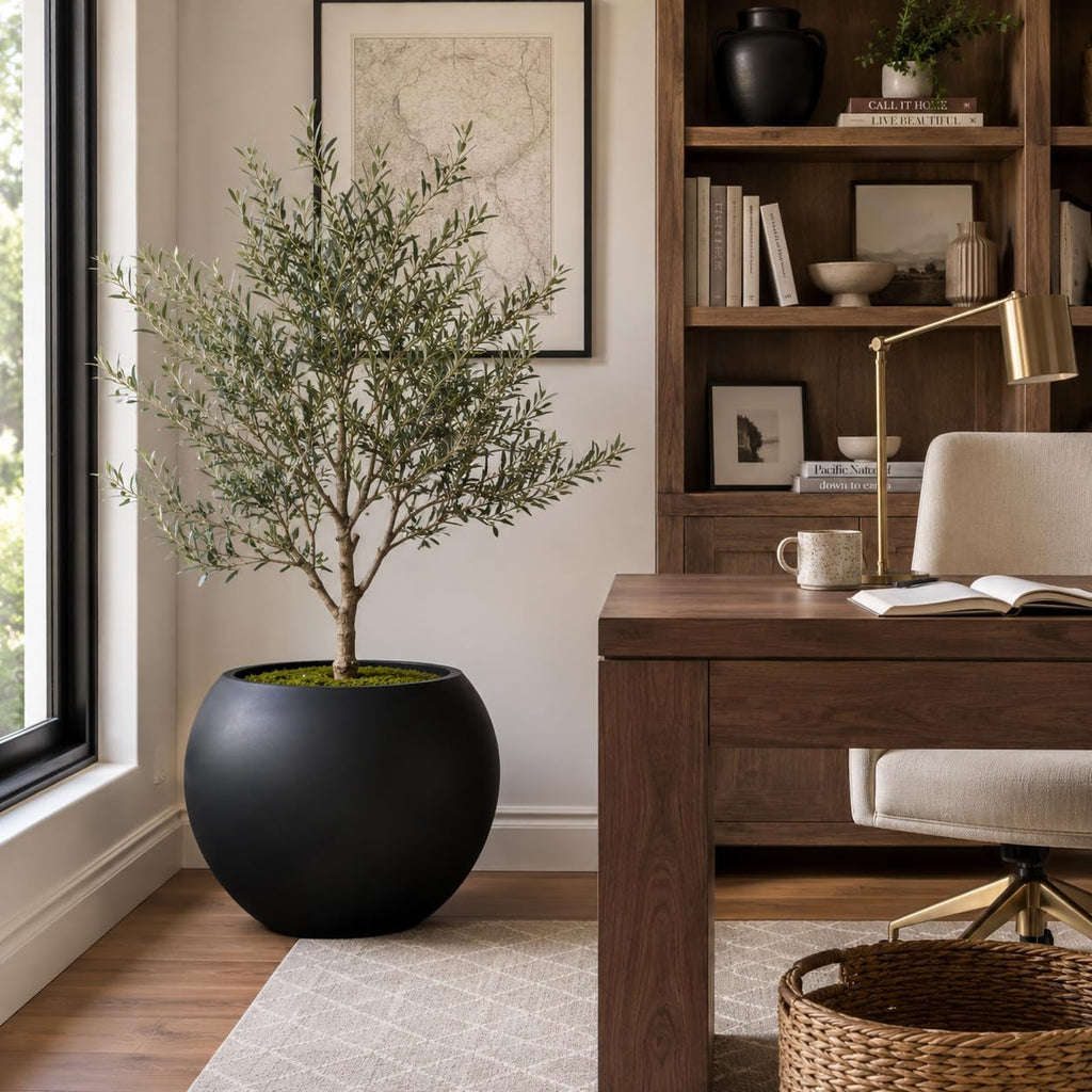 17" H x 21" Dia Black Fiberstone Planter Pot with Drainage Hole, Extra Large Indoor Outdoor Flower Pot for Artificial
