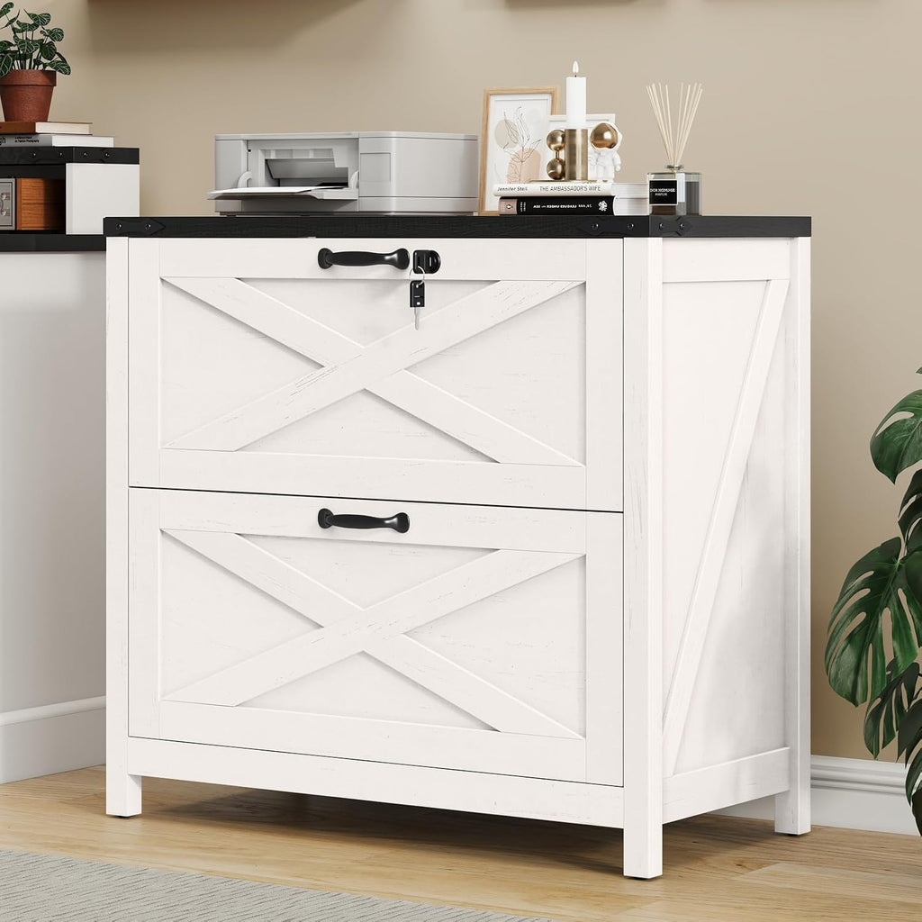 Farmhouse Lateral File Cabinet with 2 Drawers, White and Black | Lateral Filing Cabinet with Lock for Letter/A4/Legal