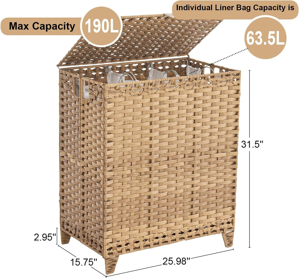 Laundry Hamper with Lid, 190L Large Laundry Basket 3 Section with 6 Removable Liner Bags & 3 Mesh Laundry Bags