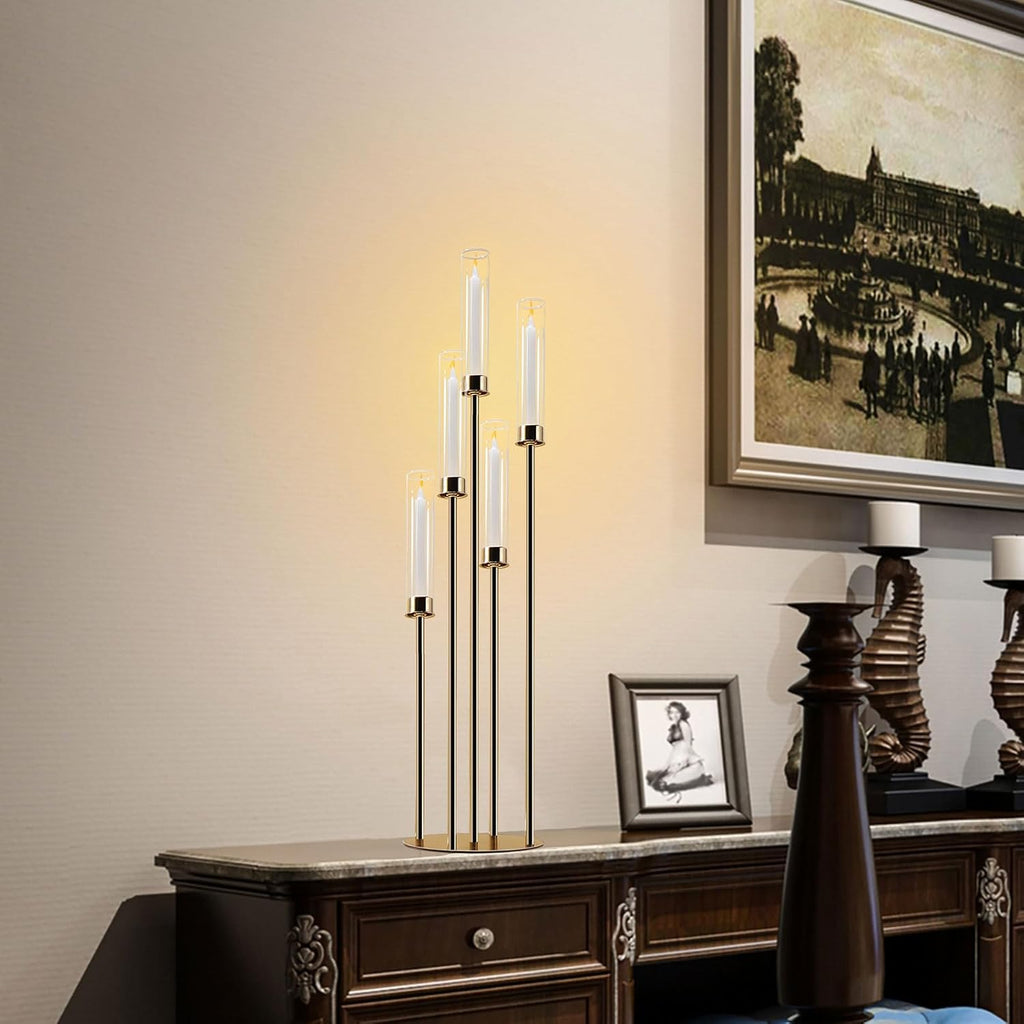 Gold Candelabra with Glass Cylinders for Real Candles 5 Arms Metal Candle Holder Wedding Event Party Home Decoration