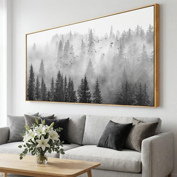 Framed Ready to Hang Wall Art Foggy Forest Black and White Wall Art Nature Landscape Mountain Photographic Printed on