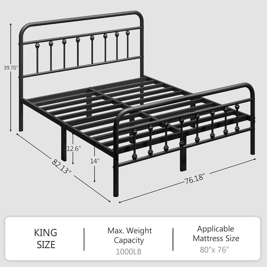 King Metal Platform Bed Frame/Victorian Style Headboard and Footboard/Steel Slat Support/Easy Assembly/No Box Spring