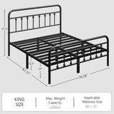 King Metal Platform Bed Frame/Victorian Style Headboard and Footboard/Steel Slat Support/Easy Assembly/No Box Spring