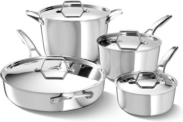 Premier Polished 5-Ply Stainless Steel Cookware Set w/Turbo Heat Tech 8 Piece Includes Frying Pans, Pots and Pans