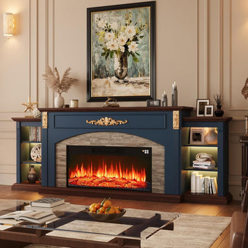 90inch Fireplace TV Stand, Fireplace with Mantel Holds TVs up to 100 Inch, Blue TV Stand with 36inch Electric Fire