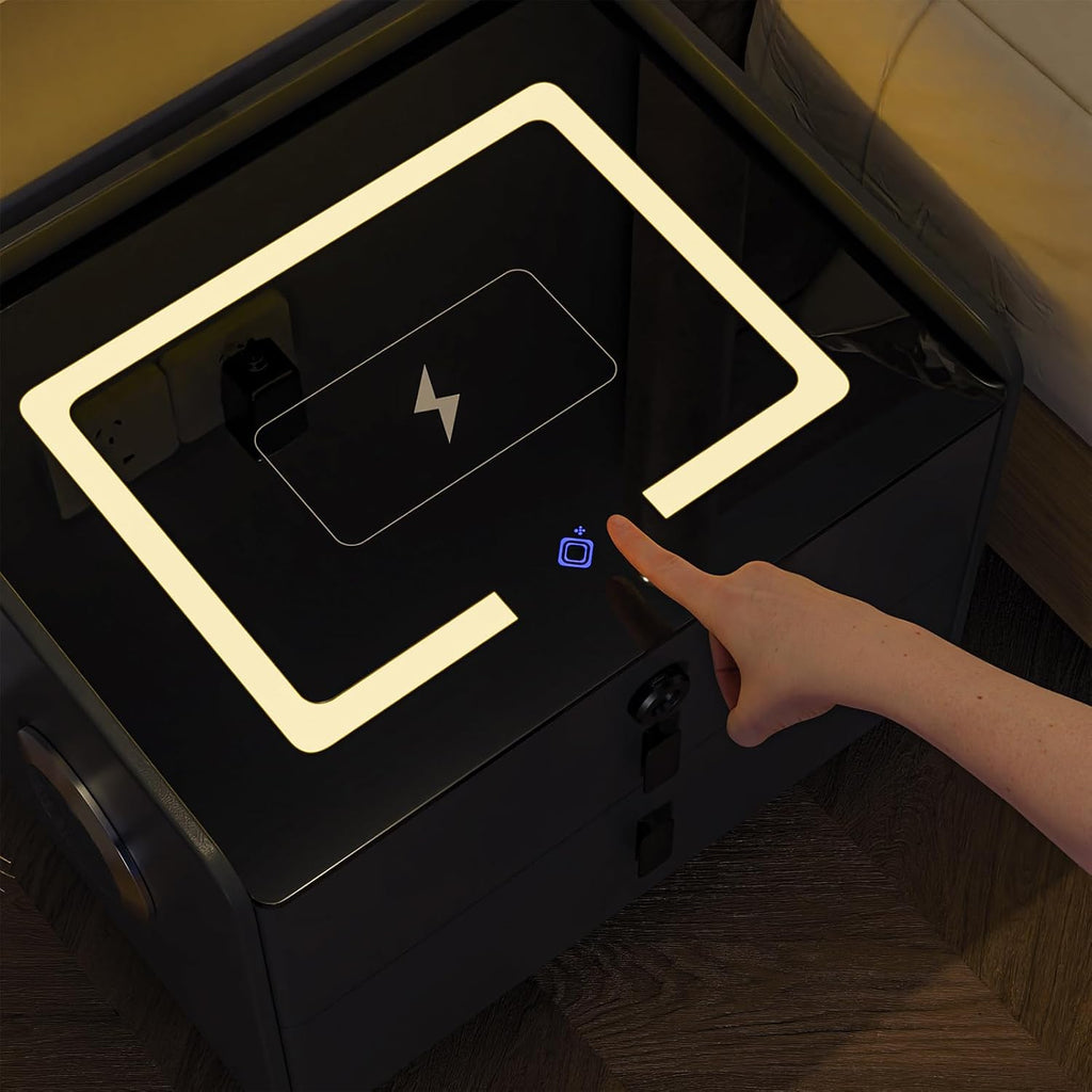Smart Nightstand Wireless Charging, Modern Nightstand with Fingerprint Locking Drawer, 2 USB & LED Lights Bluetooth