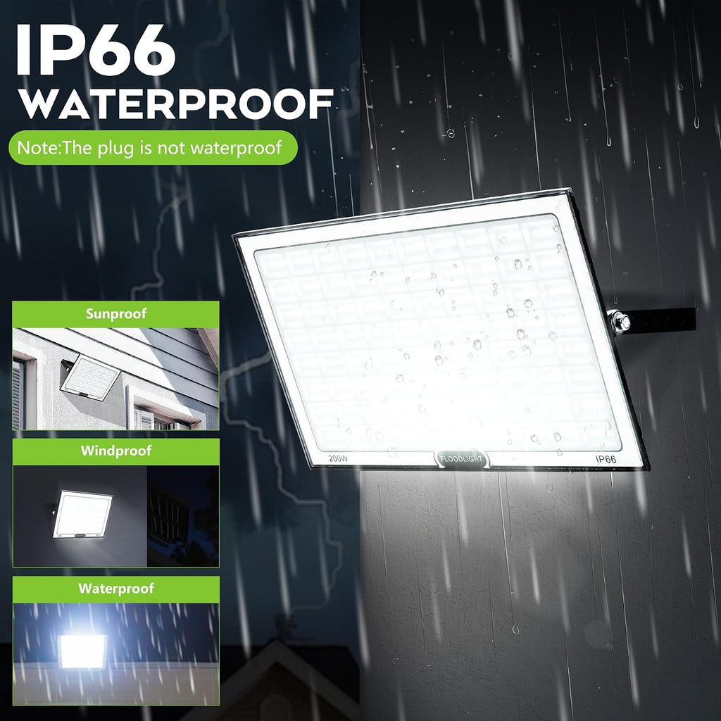 200W Led Flood Light Outdoor, 2 Pack 20000LM Bright Floodlight Outside Work Light with Plug, 6500-7000K Daylight