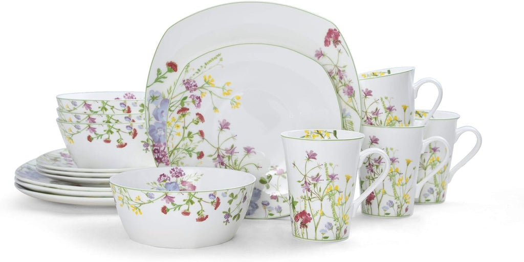 Wildflower Garden Dinnerware Set, 16-Piece Bone China Dishes Service for 4, Square Plates and Bowls Set with Mugs