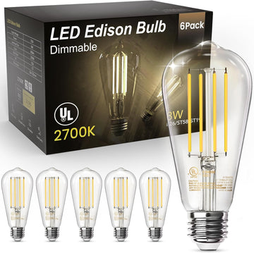 Edison Light Bulbs 60W Equivalent, Dimmable Vintage LED Light Bulbs, E26 Medium Base, Warm White 2700K, ST58, 8W (6 Pack)