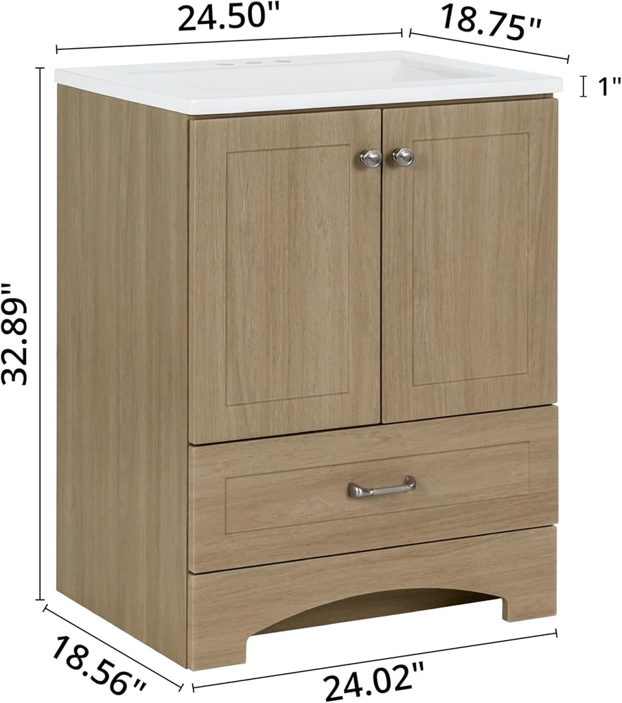 24 Inch Bathroom Vanity with White Single Sink Top, 2-Door Cabinet, 1 Drawer, 24.5" W x 18.75" D x 32.89" H, Sandy Oak