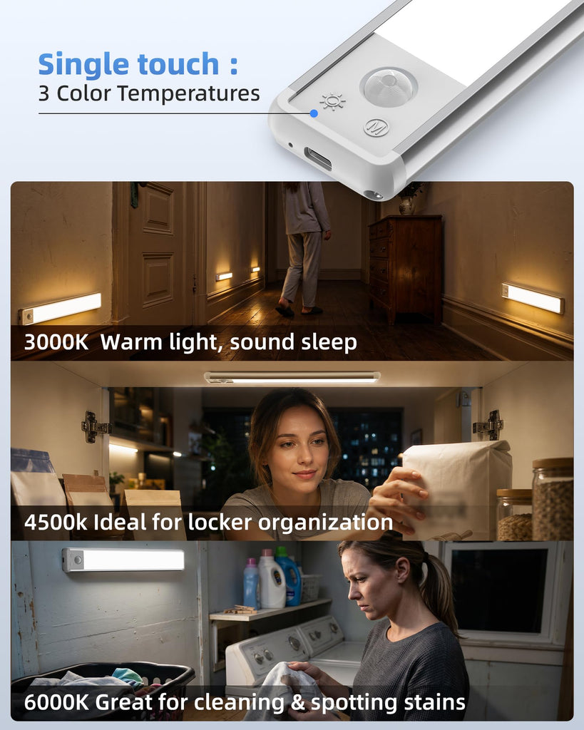 Under Cabinet Lighting, 12-inch Motion Sensor Light, 2400mAh Rechargeable, 3 Color Temperatures, Dimmable